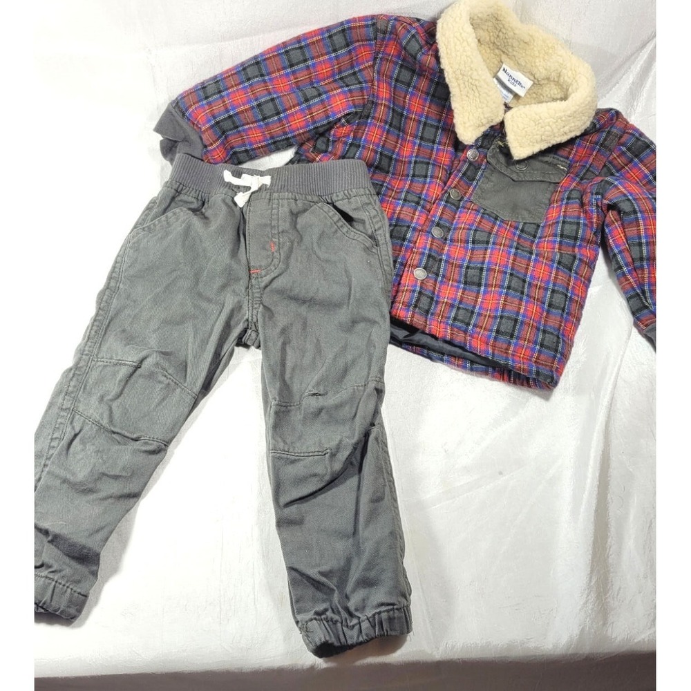 Nannette Kids Boy's Plaid Sherpa Collar Jacket & Matching‎ Pants - 18 Months